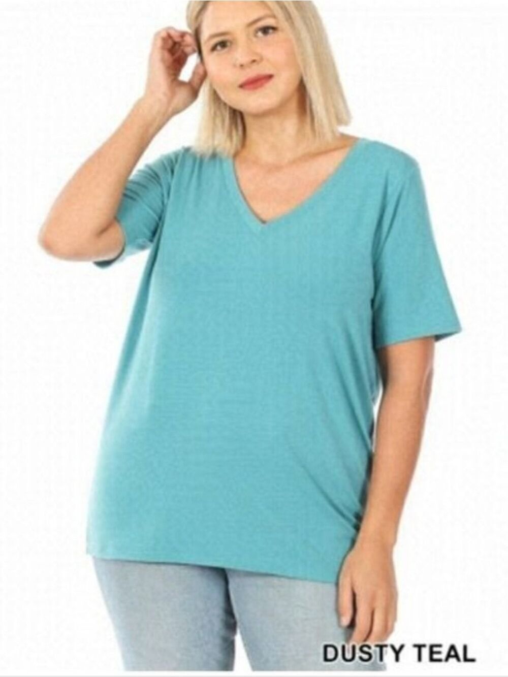 ZENANA Short Sleeve Dusty Teal V Neck TEE Top Size 1XL NWT